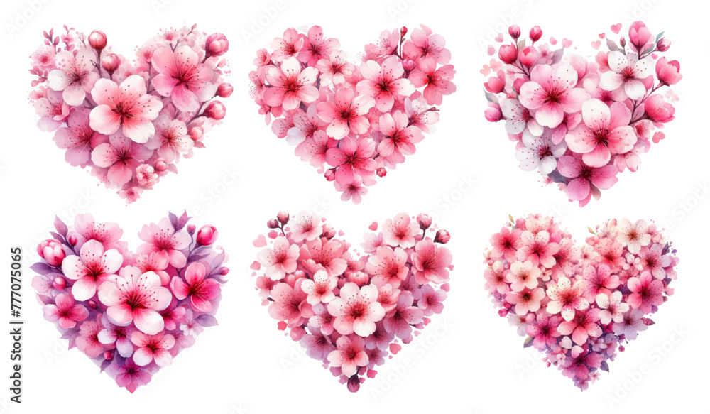 Set of watercolor illustrations of heart-shaped cherry blossom flowers Set of watercolor illustrations of heart-shaped cherry blossom flowers