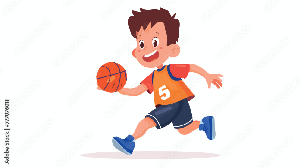 Cartoon little boy playing basketball flat vector isolated