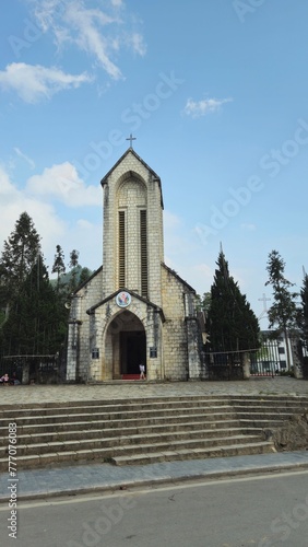 Sapa church, an ancient symbol of the Sapa misty town,built of stone, in Lao Cai, Vietnam.