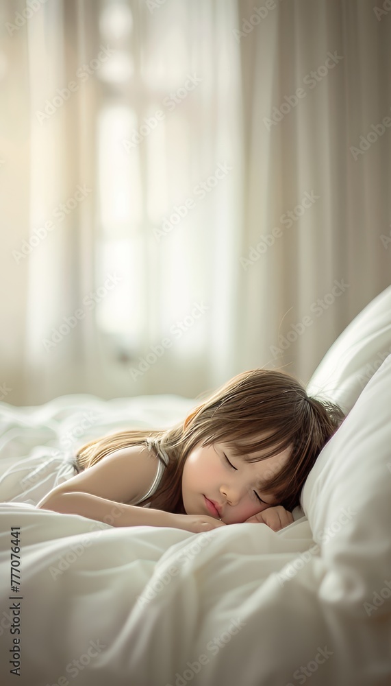 Tranquil image of an asian beautiful newborn peacefully sleeping in a pristine white bed Tranquil image of an asian beautiful newborn peacefully sleeping in a pristine white bed