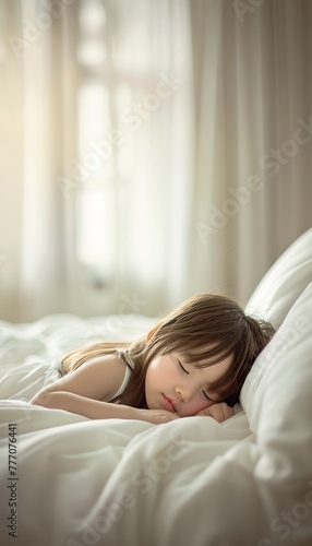 Tranquil image of an asian beautiful newborn peacefully sleeping in a pristine white bed