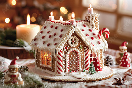 Handcrafted Gingerbread House with Candles. A gingerbread house with lit candles amidst holiday decor.