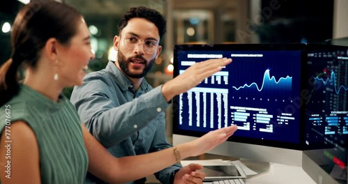 Teaching, teamwork or people trading on computer for financial investment or stock market graphs. Screen, charts or coach talking to trader or reading data analysis, news or strategy for opportunity photo