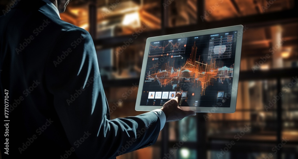 Obraz premium Businessman with tablet at night surrounded by data. Adult male with tablet pro checking the market stock exchange forex crypto currency. Generative AI.