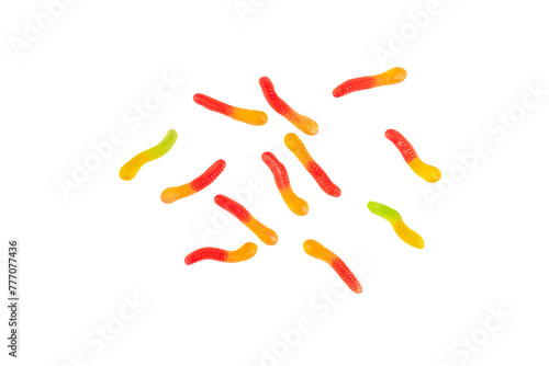 Fruit flavored worm shape, jelly candies. Isolated on transparent background.