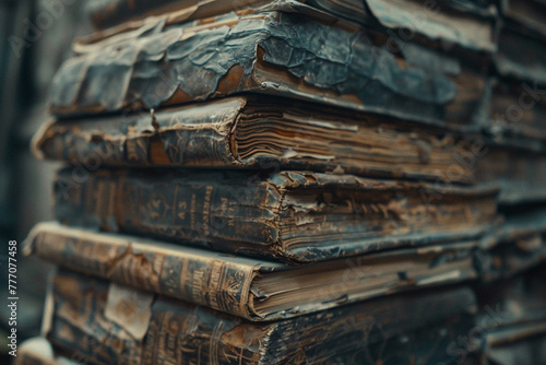A 4K image of a stack of old books, highlighting their weathered covers and worn pages.