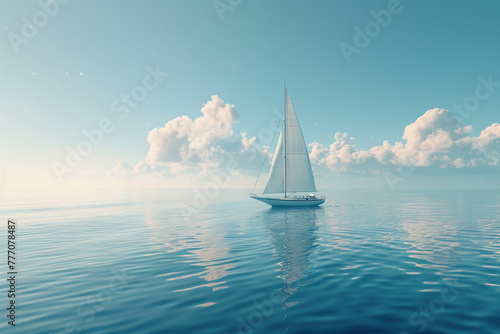 A breathtaking 4K capture of a lone sailboat on a calm lake, with its sails billowing in the wind against a backdrop of serene blue waters.