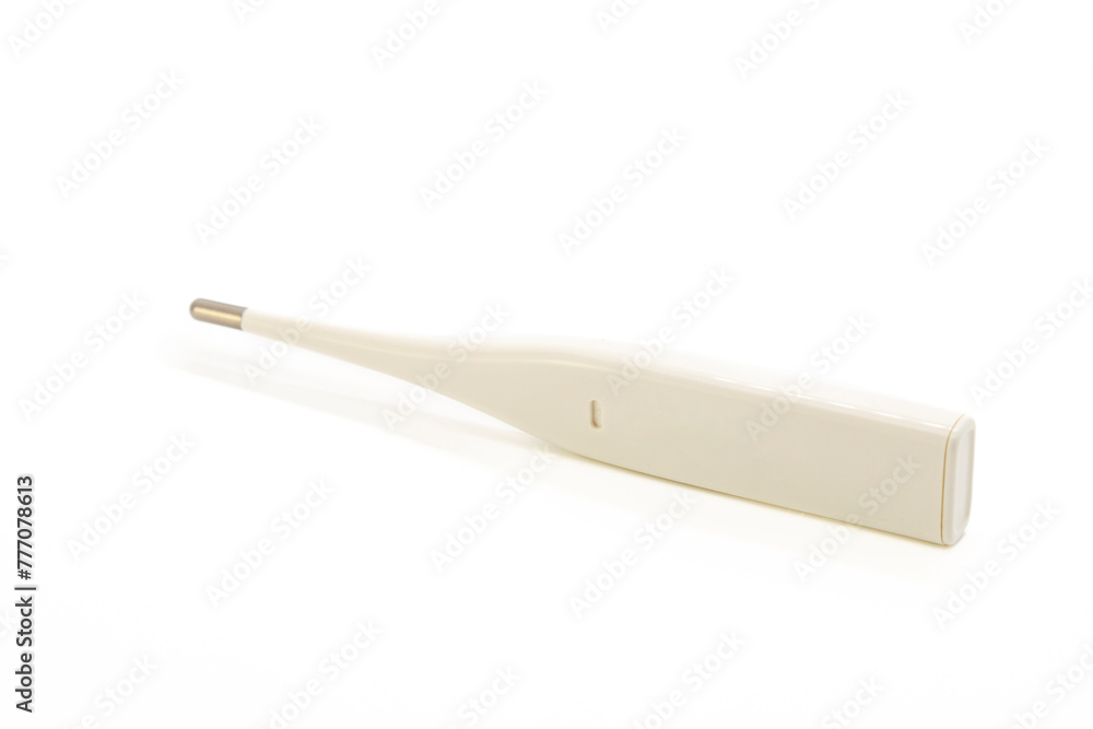 White digital thermometer isolated on white background with copy space. Close-up, rear view. White digital thermometer isolated on white background with copy space. Close-up, rear view.