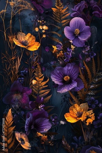 Abstract purple flowers, golden plants, rocco design, dark gold aquamarine backdrop, 32k UHD, handpainted photo