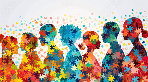 Silhouettes of a group of people are depicted in the form of a puzzle. The concept of unity and diversity of people