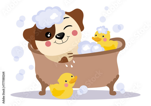 Cute puppy taking a bath