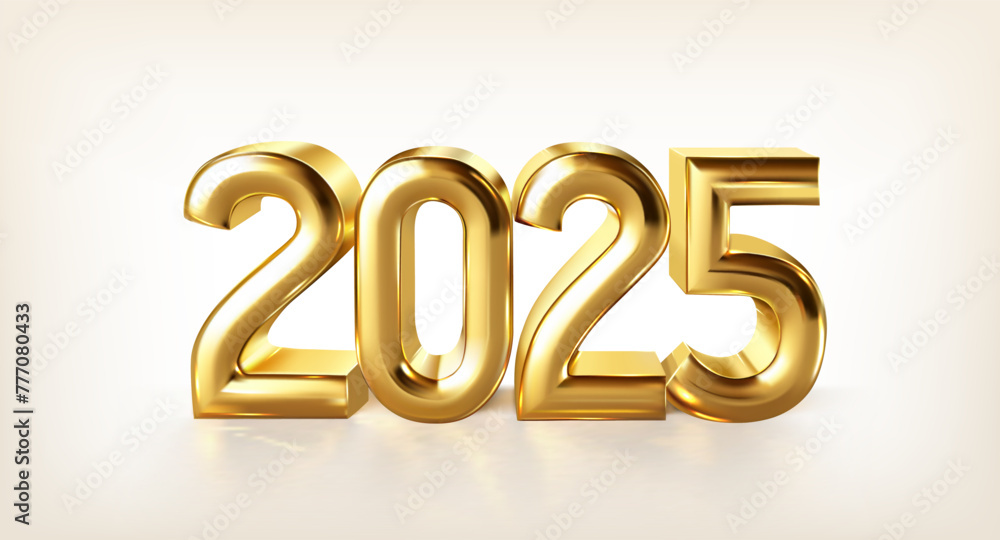 Happy New Year 2025. Golden realistic metallic numbers 2025 with shadow. Happy New Year 2025. Golden realistic metallic numbers 2025 with shadow.