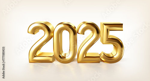 Happy New Year 2025. Golden realistic metallic numbers 2025 with shadow.