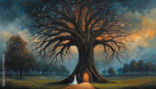 Abstract art oil painting of a sad wedding ceremony in the old chapel, Bride and groom under a tree