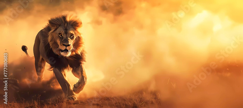 Lion running in the savannah at sunset. Generative ai design concept art.