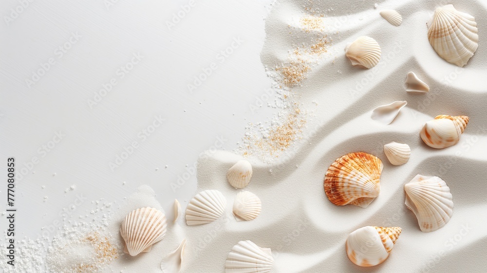 Sea shells and sand on a white background. Summer beach background. Copy Space Sea shells and sand on a white background. Summer beach background. Copy Space