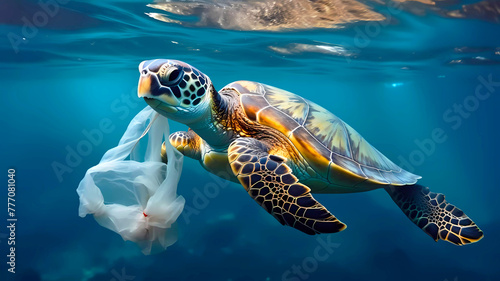Sea turtle mistake consume plastic bag. Generative ai design art concept. © Stockpics