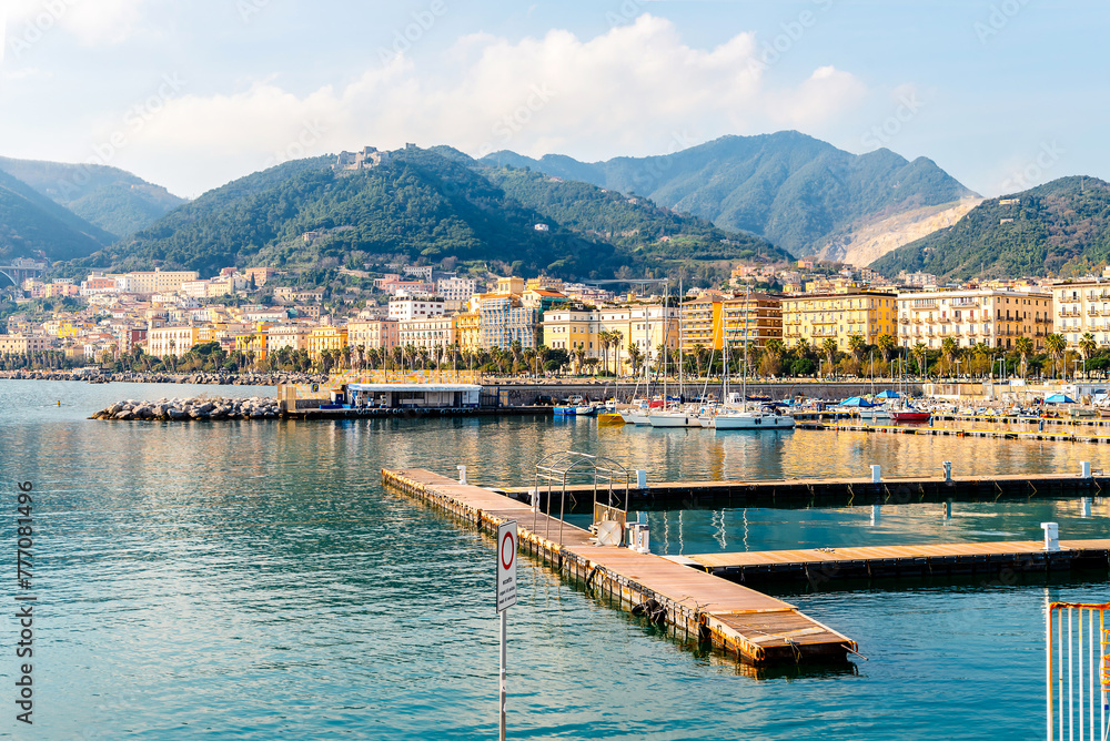Fototapeta premium Sea view of the houses of Salerno and the marina for yachts and boats