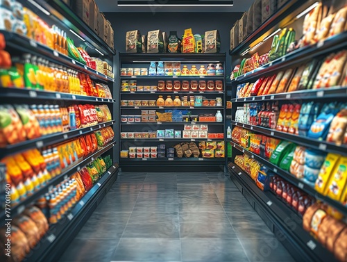 supermarket shelfs full of different products © mirifadapt