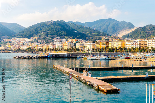 Sea view of the houses of Salerno and the marina for yachts and boats photo