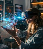 A realistic, expressionistic photo capturing the excitement and immersion of playing an augmented reality game, with the blend of real-world surroundings and digital elements highlighted
