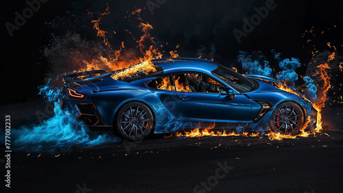 Blue car in flames and blue smoke