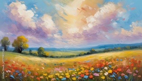 Abstract painting of colorful fields. Spring wildflower field. Warm tone landscape © LilithArt