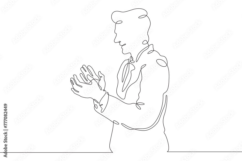 A man in a business suit claps his hands. Businessman applauds. Ovation. One continuous line . Line art. Minimal single line.White background. One line drawing.