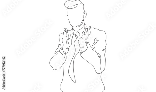 A man in a business suit claps his hands. Businessman applauds. Ovation. One continuous line . Line art. Minimal single line.White background. One line drawing.