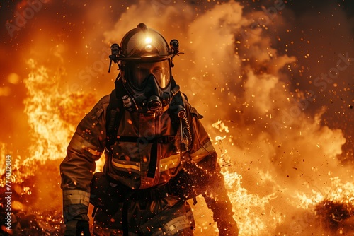 a firefighter in full gear battling a raging fire surrounded by billowing smoke and intense flames during the night with the glow of the fire illuminating the scene