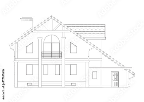 Outline suburban house model. Drawing of the modern building. Cottage project on white background. Vector blueprint.