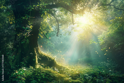 A captivating 4K photograph of a tranquil forest glade, with sunlight streaming through the canopy, illuminating the lush green foliage and moss-covered ground. © CREATER CENTER