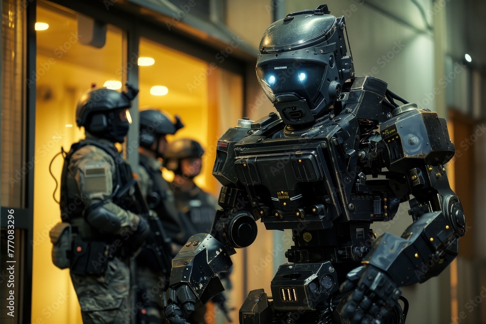 a humanoid police robot is assisting a police SWAT team in breaching a door a humanoid police robot is assisting a police SWAT team in breaching a door