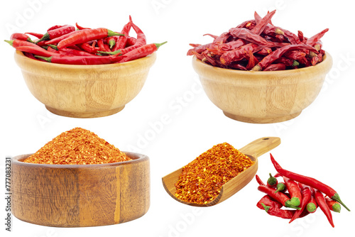 Cayenne pepper with red chilies, paprika powder in a wooden bowl, and spicy condiments Isolated on a white background - clipping path