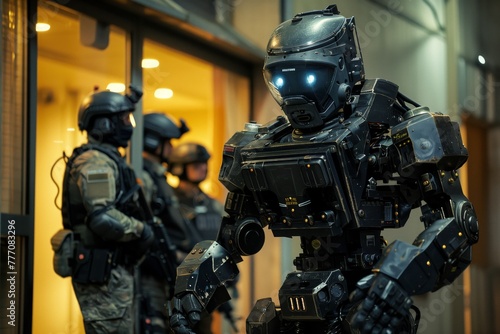 a humanoid police robot is assisting a police SWAT team in breaching a door photo