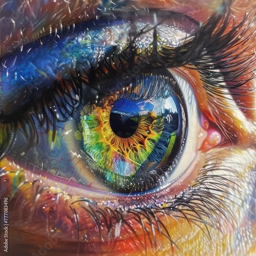 A close-up of an artist's eye, reflecting a kaleidoscope of colors and shapes as they draw inspiration from the world around them