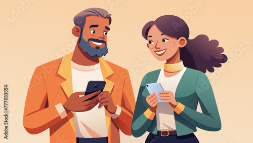 Young smiling happy couple two friends family man woman wear casual clothes hold in hand use mobile cell phone together