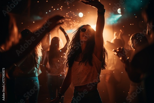 A woman is joyfully dancing at a rave lifting her hands up between celebrating people on the dancefloor photo