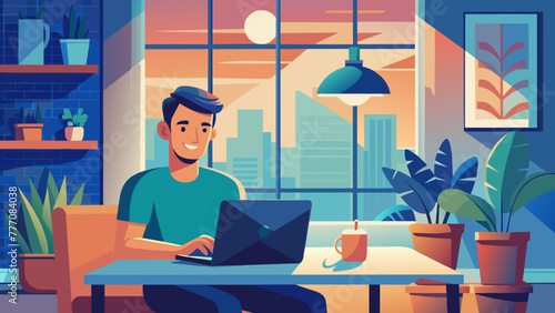 bearded man is working at home, sitting next to the window and and holding laptop on his lap
