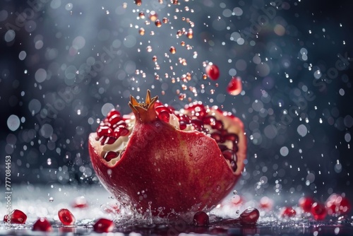 Close-up of fresh pomegranate with juice droplets in slow motion, appetizing and text space