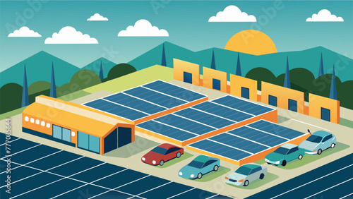 A detailed view of solar panels covering the entire surface of a factorys parking lot providing shade for vehicles while also generating clean