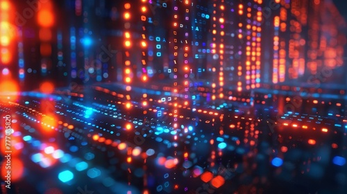 A computer generated image of a cityscape with a blue and orange background. The image is full of bright lights and has a futuristic feel to it