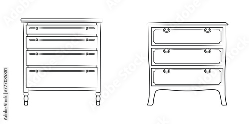 Line sketch set of a chest of drawers, dresser. Design piece of furniture for storage. Isolated vector