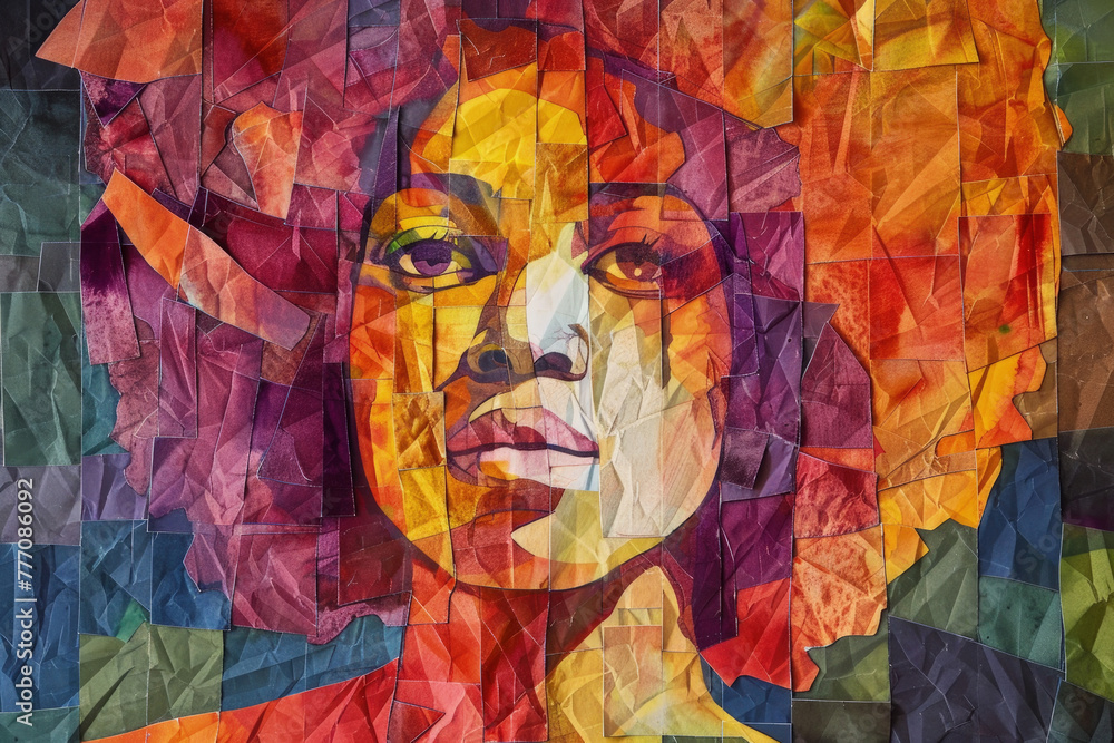 A portrait of a womans face crafted from vibrant pieces of paper in various colors, creating a stunning and intricate collage