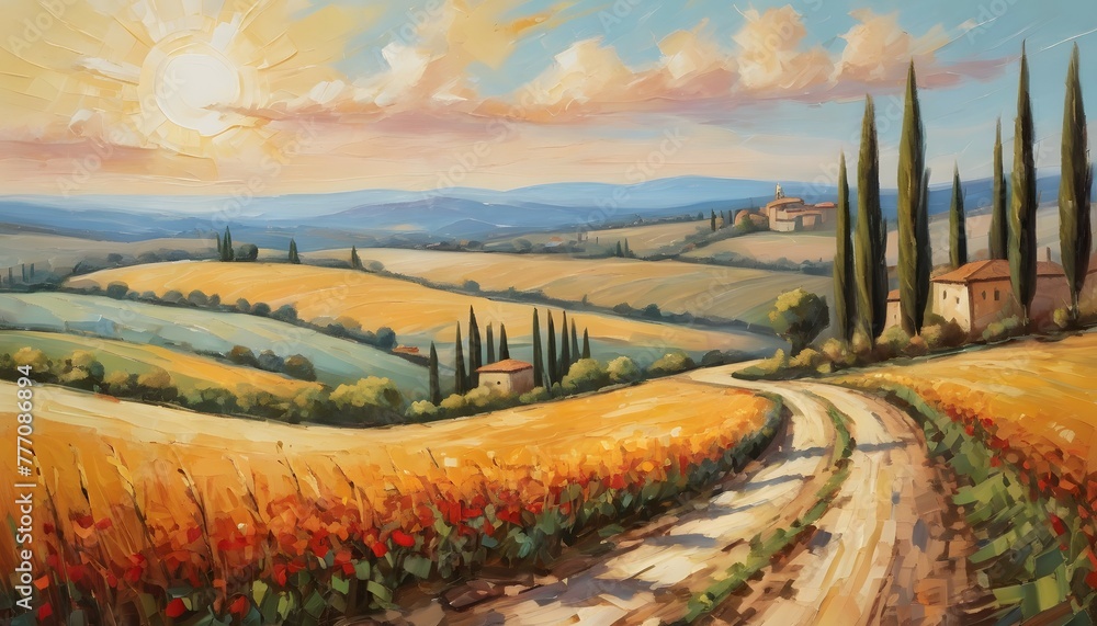 Vintage tuscan oil landscape painting of summer fields, cypress trees and winding road, neutral tones