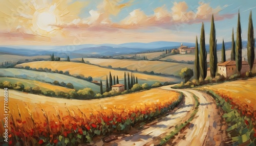 Vintage tuscan oil landscape painting of summer fields  cypress trees and winding road  neutral tones