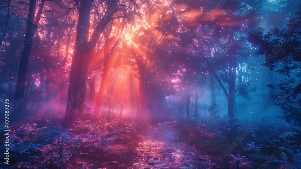 A forest with trees in the background and a path in the foreground. The trees are glowing with a rainbow of colors