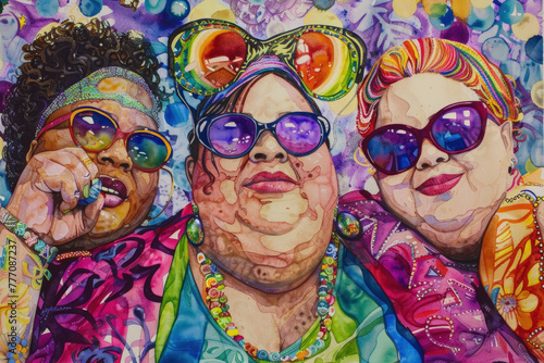 watercolor painting featuring three overweight women each wearing sunglasses, standing together and looking stylish