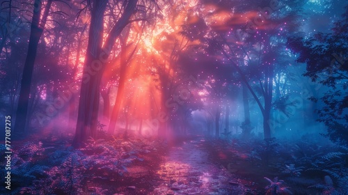 A forest with trees in the background and a path in the foreground. The trees are glowing with a rainbow of colors