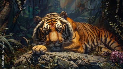 A tiger is laying on a rock in a jungle. The tiger is looking at the camera with a fierce expression. The jungle setting creates a sense of adventure and wildness